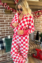 Red Checkered Print Half Zip Hoodie Loose Pant Set