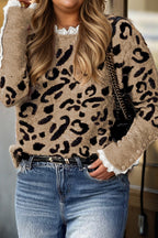 Brown Leopard Knitted Lacy Trim Cuffed Plus Size Sweater