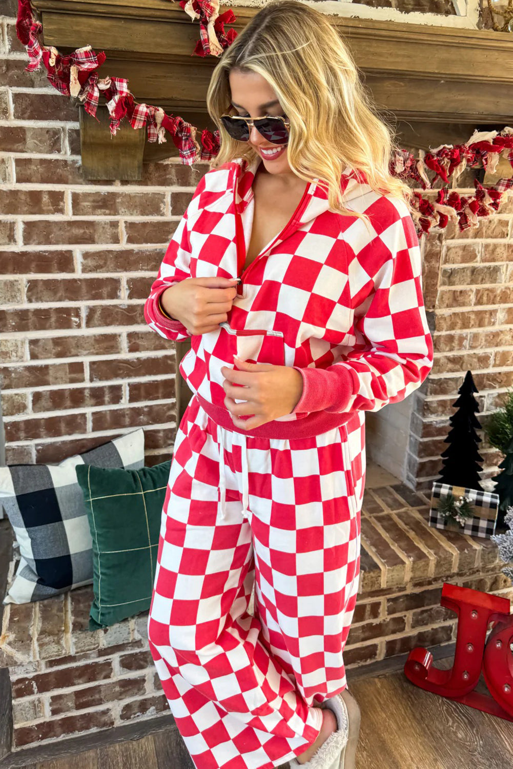 Red Checkered Print Half Zip Hoodie Loose Pant Set