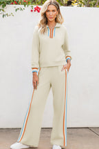 Apricot Striped Patchwork Quarter Zip Pullover Loose Pant Set
