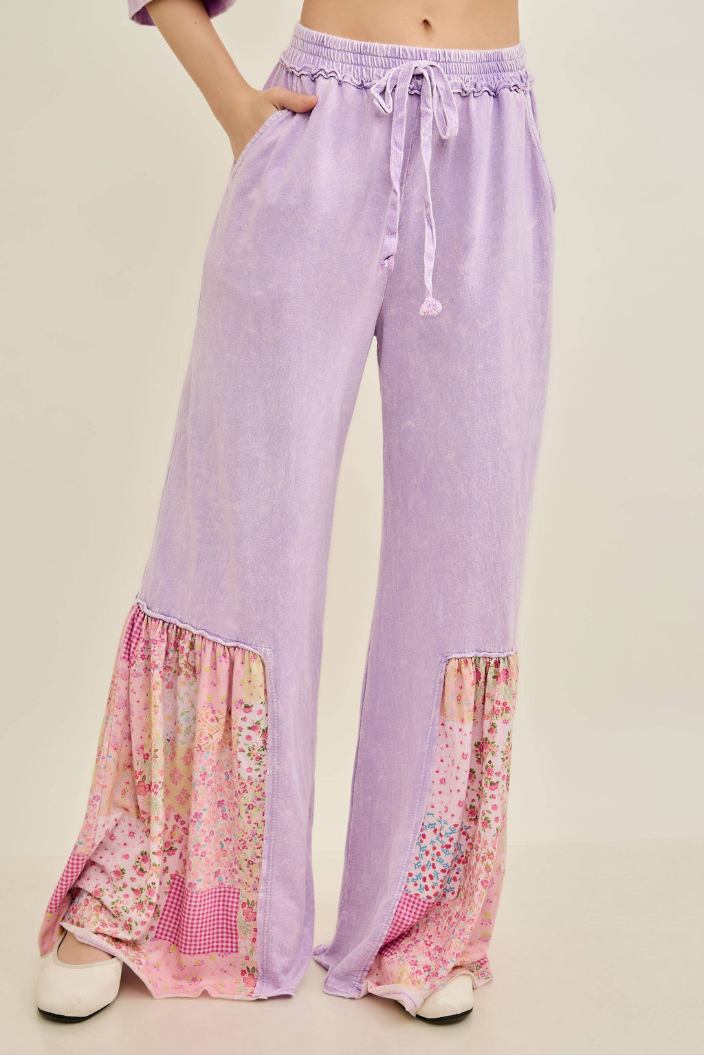 Mineral Washed Spring Picnic Print Ruffle Flare Pants HP7117