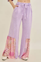 Mineral Washed Spring Picnic Print Ruffle Flare Pants HP7117