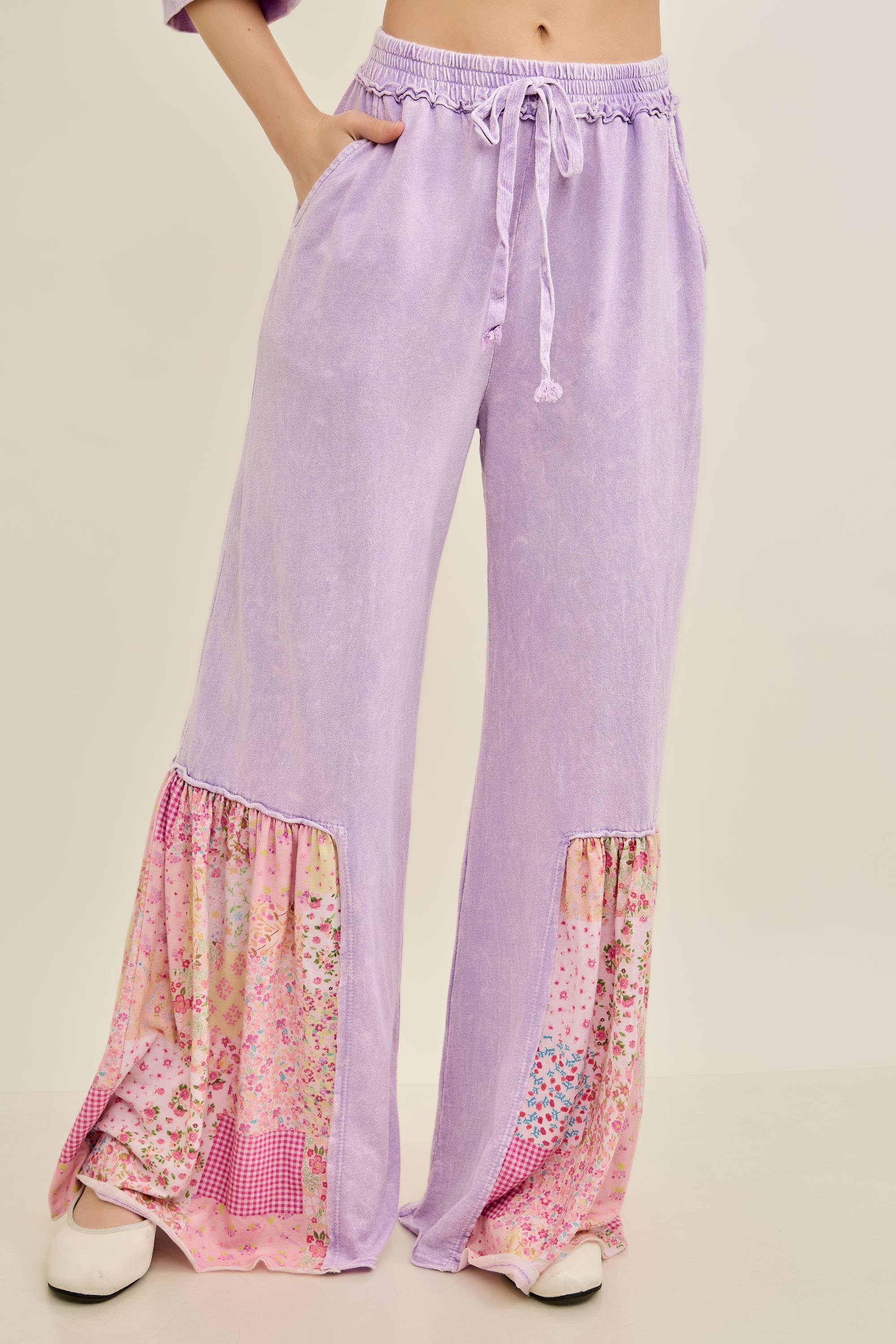 Mineral Washed Spring Picnic Print Ruffle Flare Pants HP7117