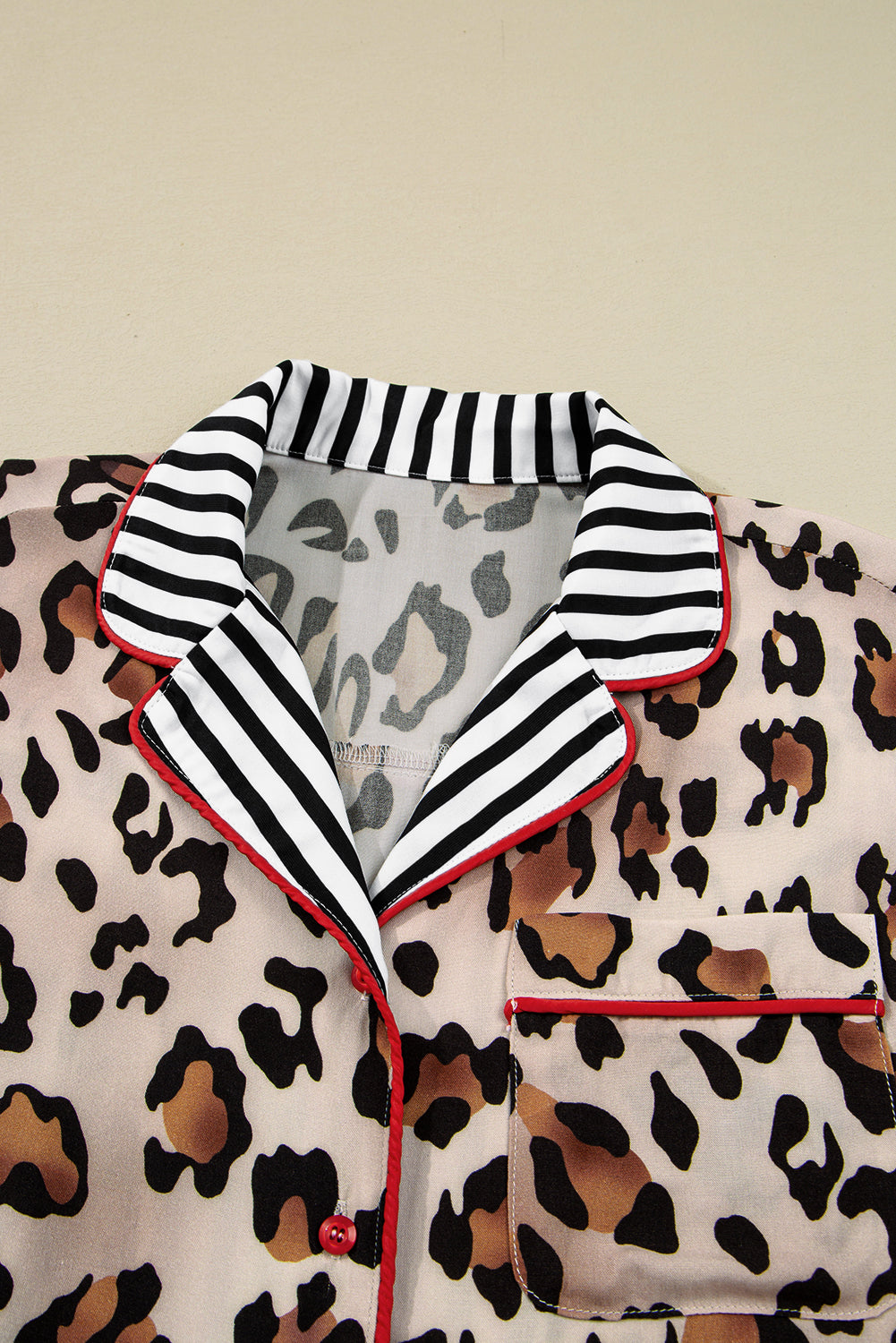 Dearlove Khaki Leopard Print Colorblock Striped Edge Shirt and Pants Pajama Set