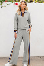 Gray Striped Patchwork Quarter Zip Pullover Loose Pant Set