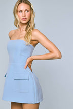 SOLID COLOR FRONT POCKET A-LINE TUBE MINI DRESS