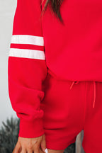 Fiery Red Varsity Striped Sleeve Drop Shoulder Sweatshirt and Short Set