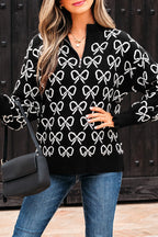 Black Cute Bow Pattern Drop Shoulder Zipped Collar Sweater