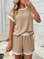 Pink Ribbed Lounge Set Contrast Trim Tee Top Shorts