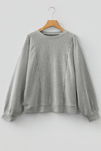 Gray Ribbed Knit Round Neck Long Lantern Sleeve Top