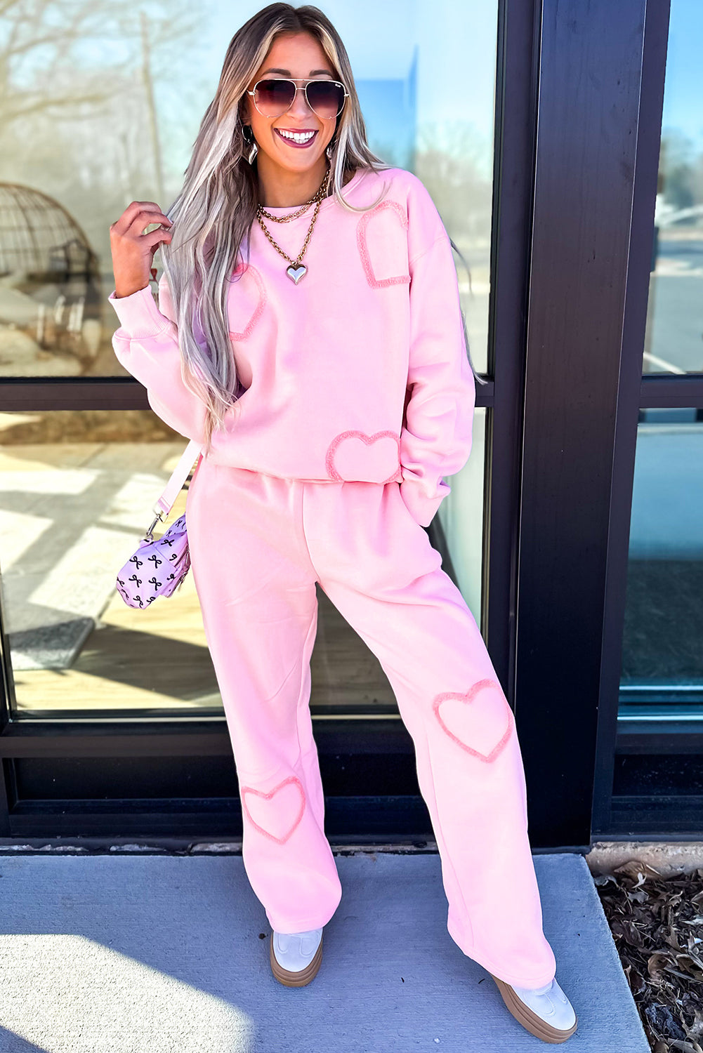 Phalaenopsis Chenille Heart Pattern Casual 2pcs Pants Set