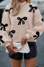 Smoke Gray Pearl Embellished Bow Pattern Loose Sweater