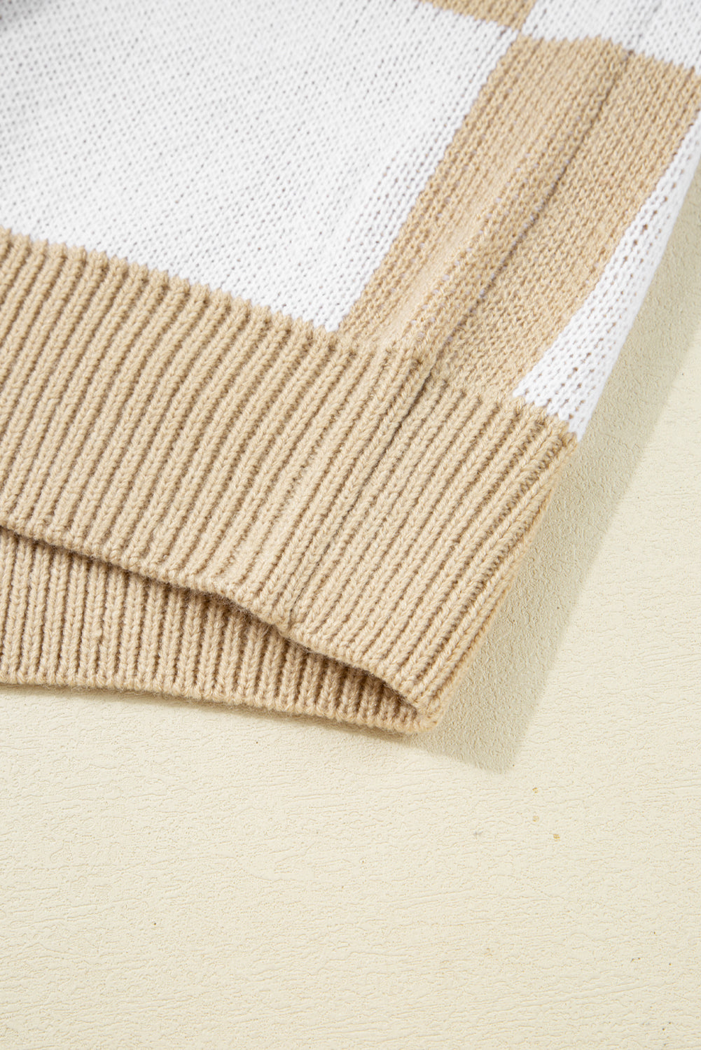 Light French Beige Checkered Pattern Polo Collar Loose Sweater