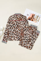 Dearlove Khaki Leopard Print Colorblock Striped Edge Shirt and Pants Pajama Set