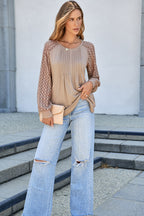 Parchment Lace Patchwork Long Raglan Sleeve Pleated Top