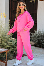 Bright Pink Raw Edge Half Buttons Pullover and Jogger Pants Set