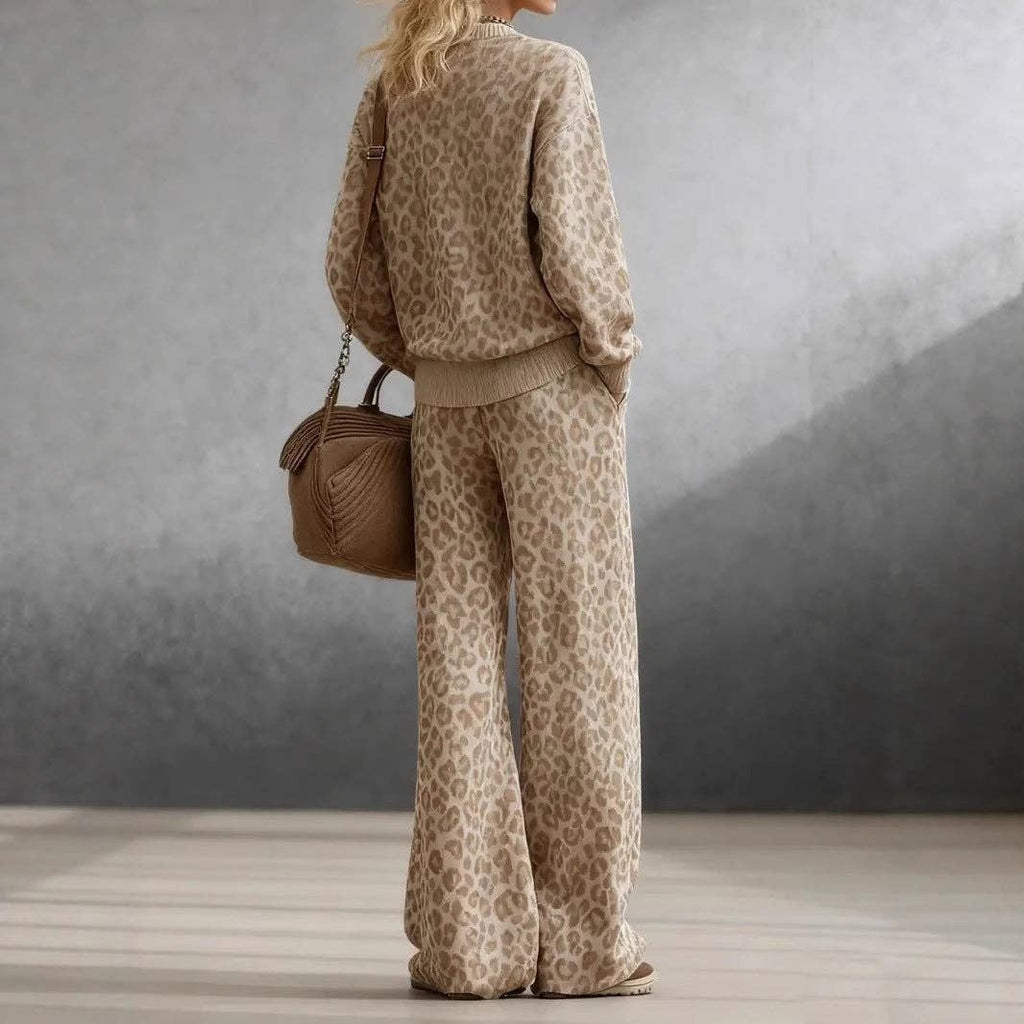 Leopard Print Sweatshirt & Wide Leg Pants Lounge Set