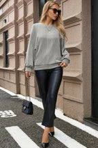 Gray Ribbed Knit Round Neck Long Lantern Sleeve Top
