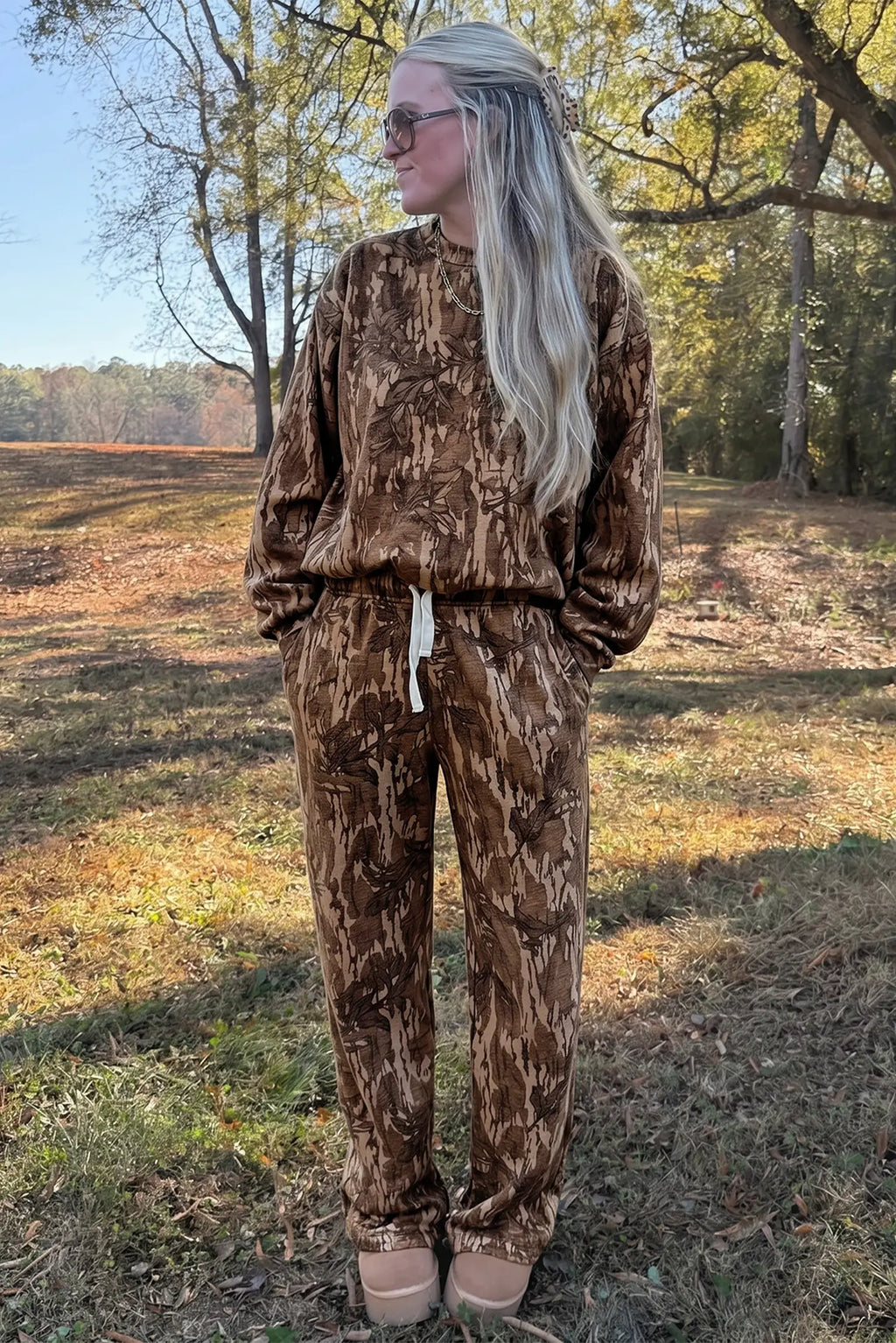 Camo Print Oversized Sweatshirt Pants Two Piece Set