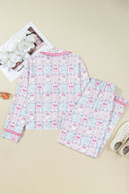Pink Bow Wreath Pattern Christmas Holiday Tied Front Long Sleeve 2pcs Pajama Set