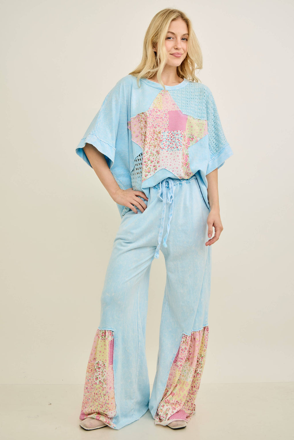 Mineral Washed Spring Picnic Print Ruffle Flare Pants HP7117