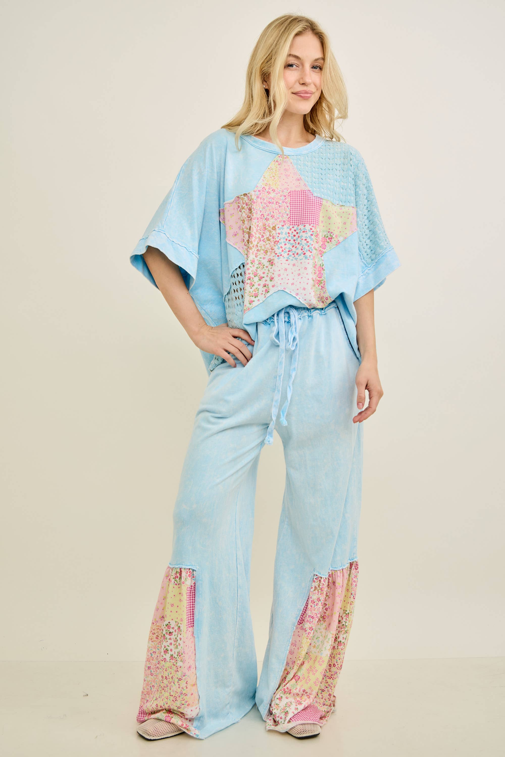 Mineral Washed Spring Picnic Print Ruffle Flare Pants HP7117