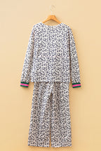 Gray V Neck Leopard Long Sleeve Top Striped Webbing Patchwork Drawstring Pant Set