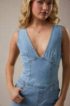 STUD DETAIL V-NECK DENIM ROMPER
