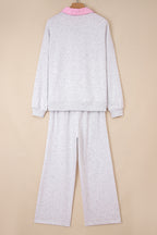 Light Grey 2pcs Contrasted Trim Frilled Collar Drop Shoulder Pullover Drawstring Pant Set