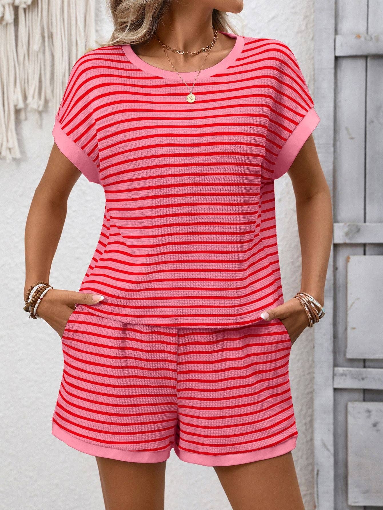 Striped Short Sleeve Top and Shorts Casual Lounge Set