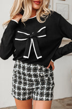 Black Contrast Trim Big Bow Accent Holiday Cropped Sweater