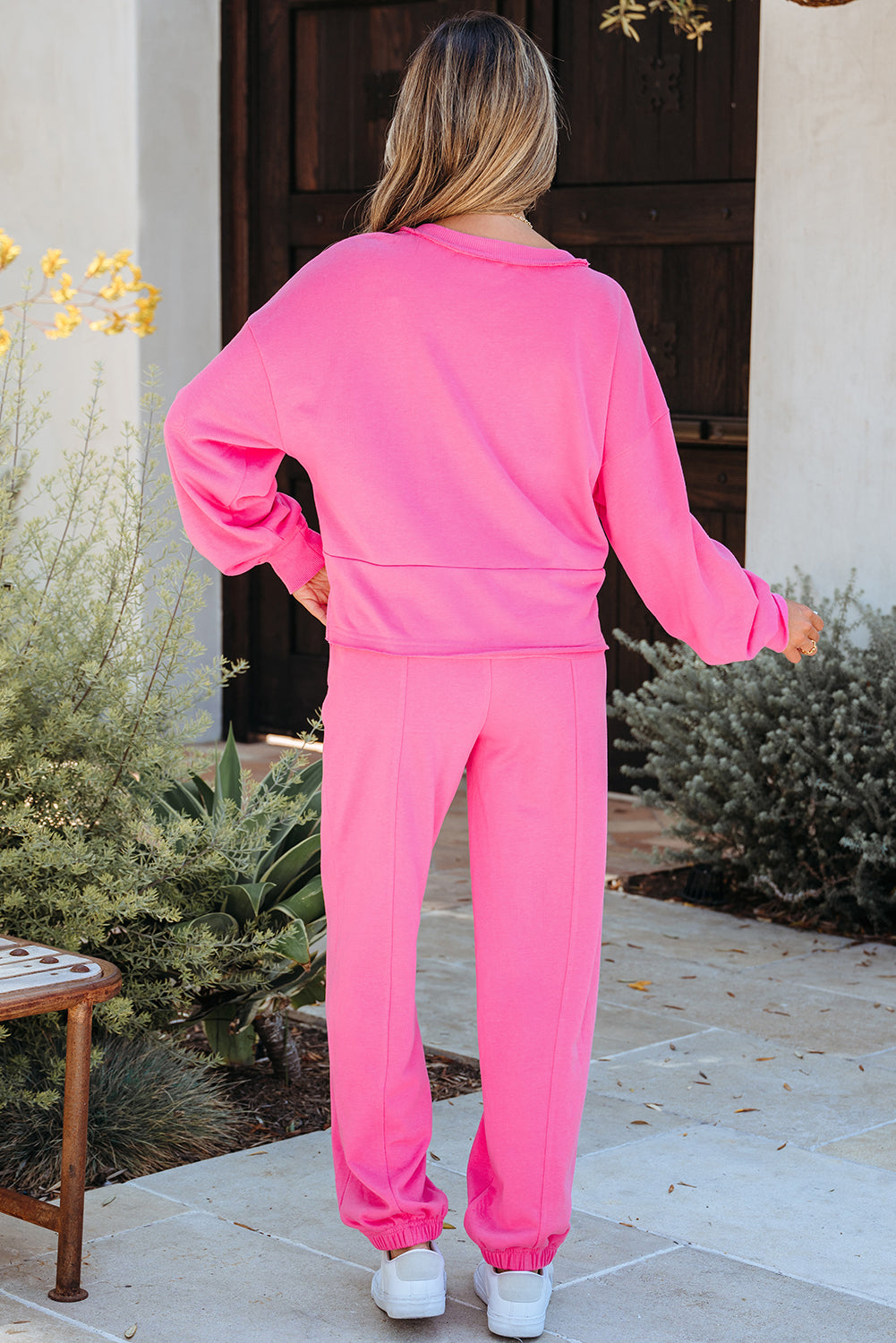 Bright Pink Raw Edge Half Buttons Pullover and Jogger Pants Set