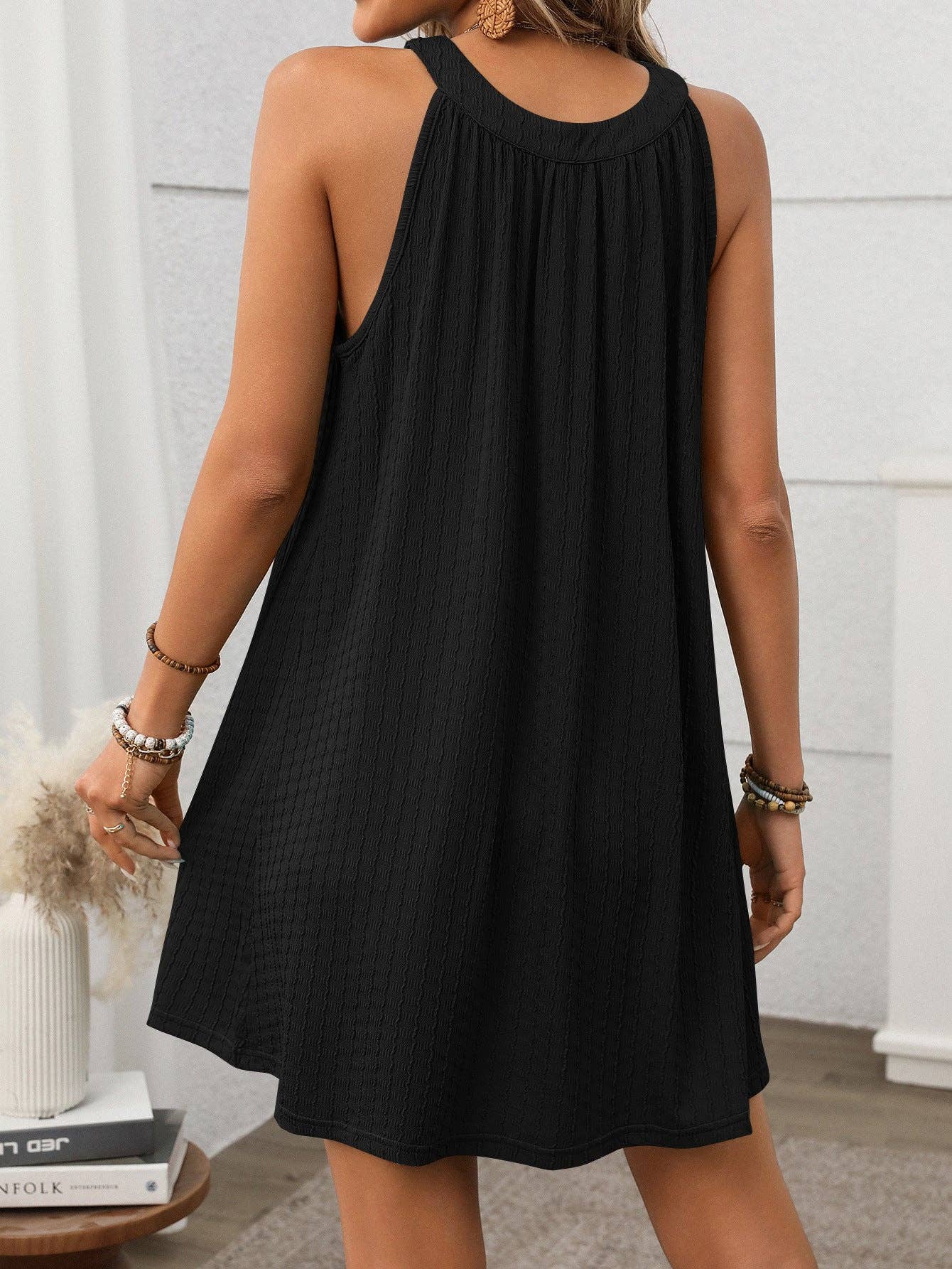 Black Halter Neck Sleeveless Swing Mini Dress Summer