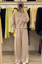 Oatmeal Varsity Striped Detail Crewneck Pullover Elastic Sweatpants 2pcs Outfit