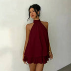 Halter Neck Backless Peplum Dress Set Summer Chic