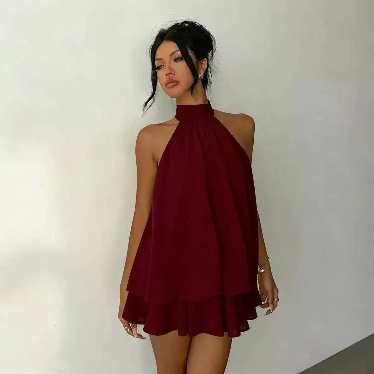 Halter Neck Backless Peplum Dress Set Summer Chic