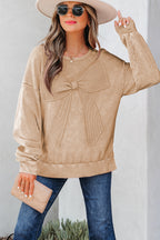 Light French Beige Mineral Wash Big Bow Patchwork Pullover Sweatshirt