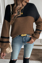 Dark Brown Color Block Knit Striped Sleeve Detail Casual Sweater