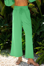 Bright Green Drop Shoulder Puff Sleeve Crop Pullover Drawstring Wide Leg Pants Set