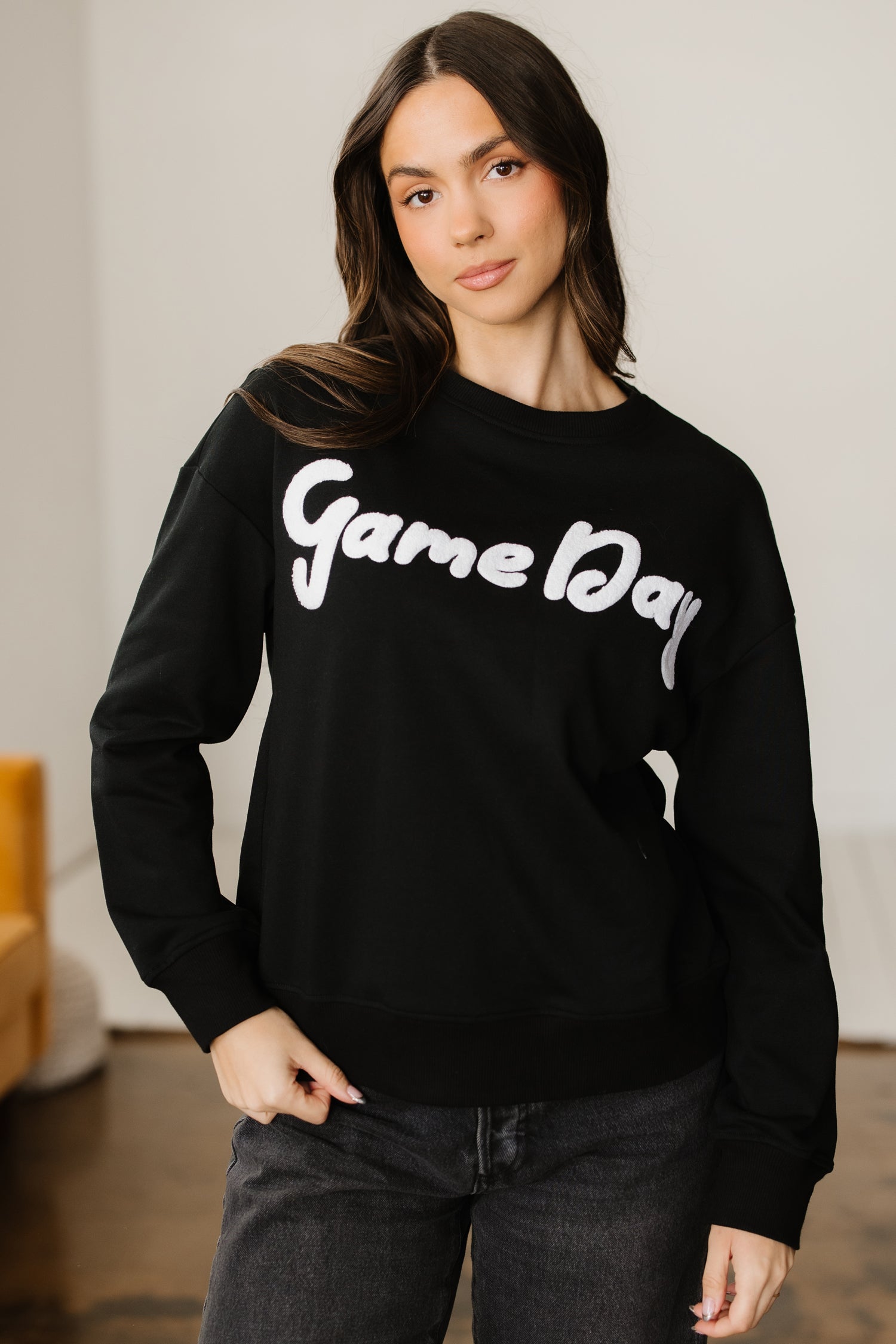 Black Chenille Game Day Graphic Drop Shoulder Sweatshirt
