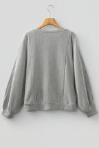 Gray Ribbed Knit Round Neck Long Lantern Sleeve Top