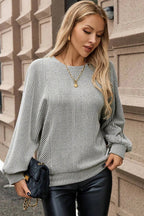 Gray Ribbed Knit Round Neck Long Lantern Sleeve Top