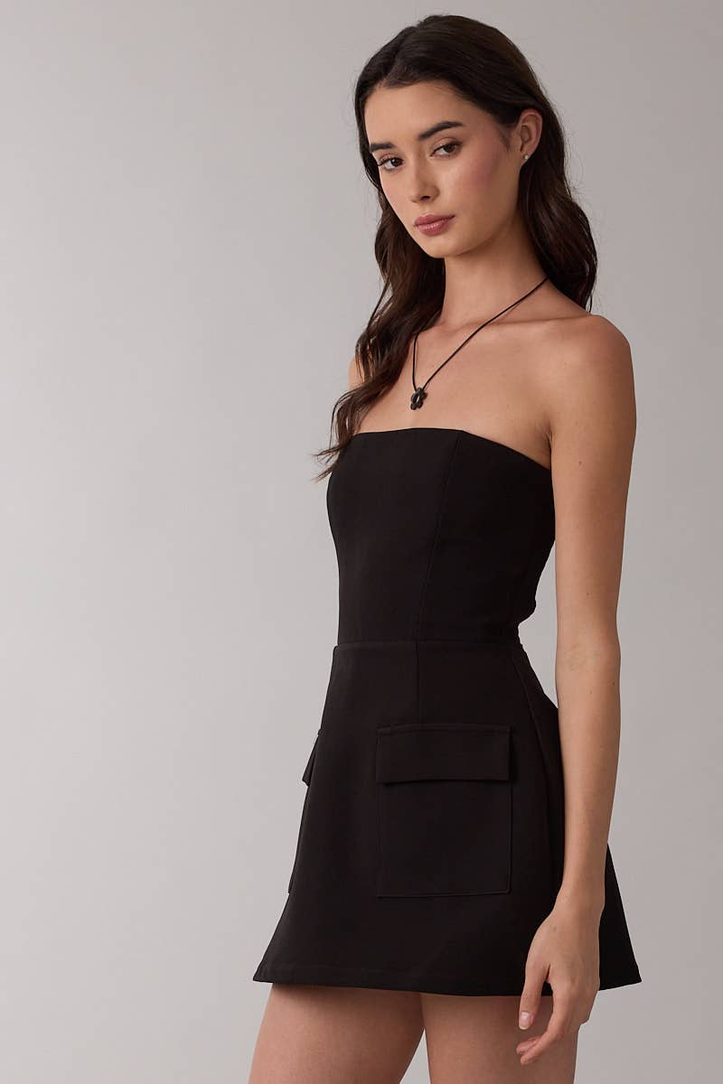 SOLID COLOR FRONT POCKET A-LINE TUBE MINI DRESS