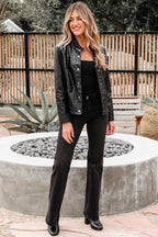 Black Faux Leather Buttoned Front Boxy Jacket