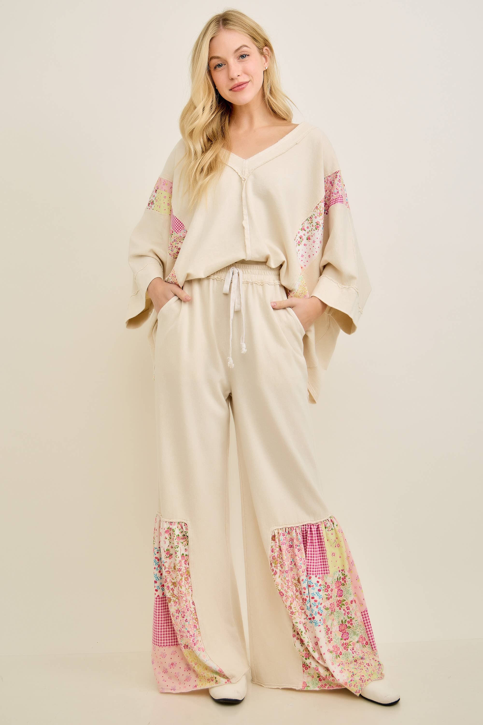 Mineral Washed Spring Picnic Print Ruffle Flare Pants HP7117