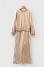 Oatmeal Varsity Striped Detail Crewneck Pullover Elastic Sweatpants 2pcs Outfit