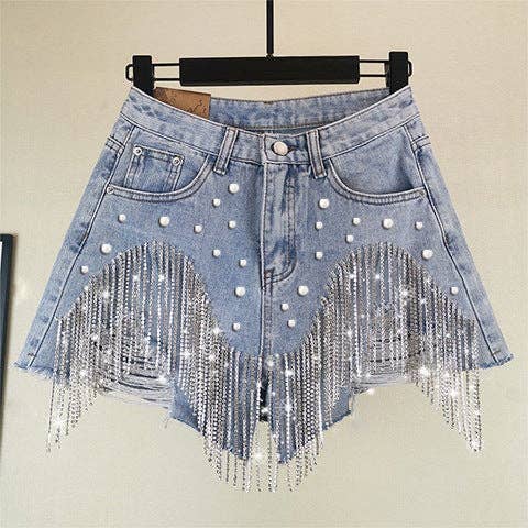 Fringe Rhinestone Distressed Denim Shorts Western Style