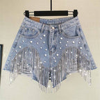Fringe Rhinestone Distressed Denim Shorts Western Style