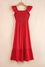 V Neck Smocked Bodice High Waist Ruffle Maxi Dress
