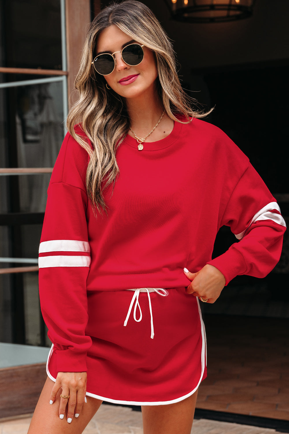 Fiery Red Varsity Stripe Detail Drop Shoulder Pullover Mini Skirt Set